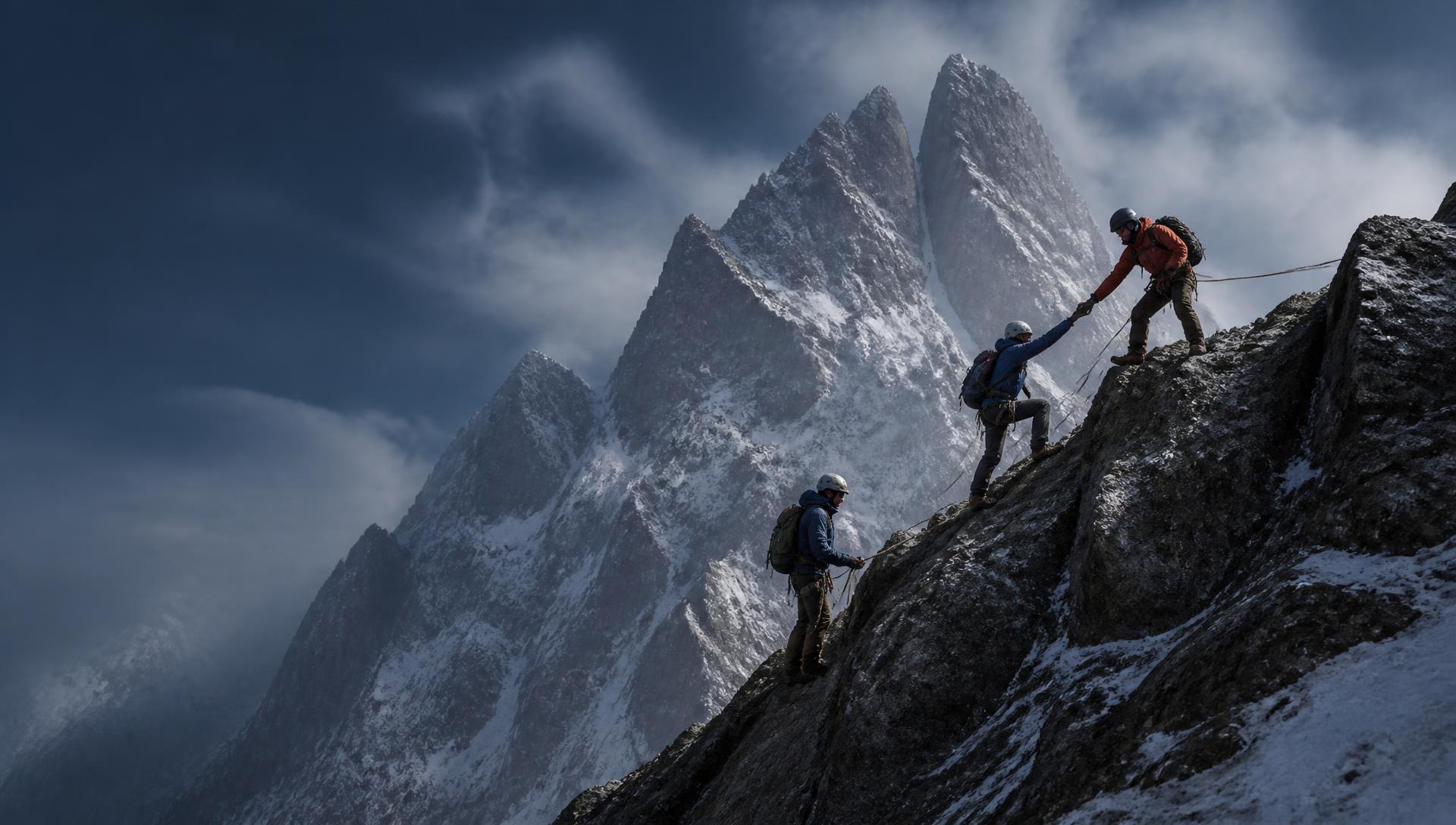 Climbers ascending a steep alpine ridge